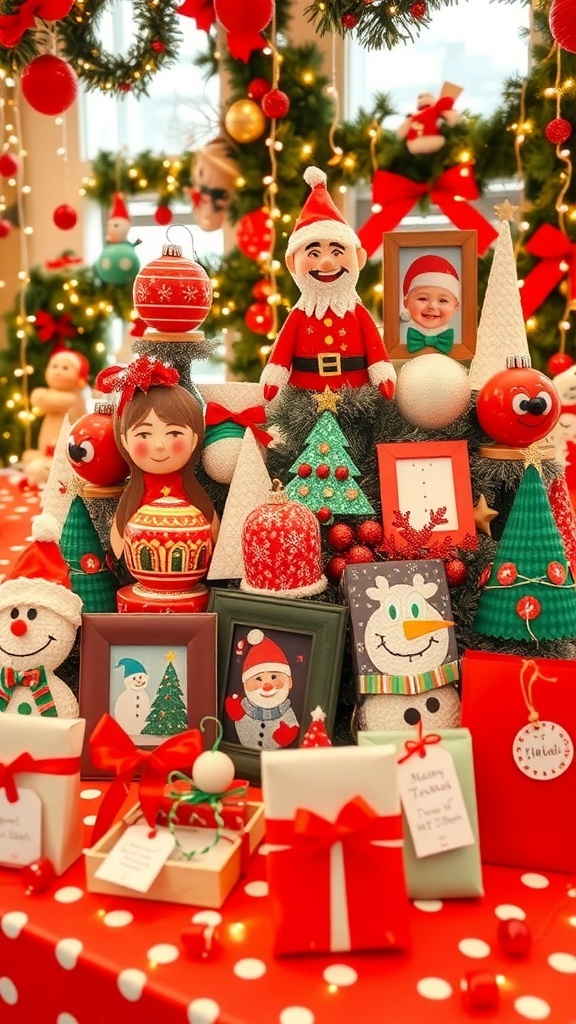 A collection of colorful DIY Christmas crafts for kids, including ornaments, picture frames, and gift tags on a festive table.